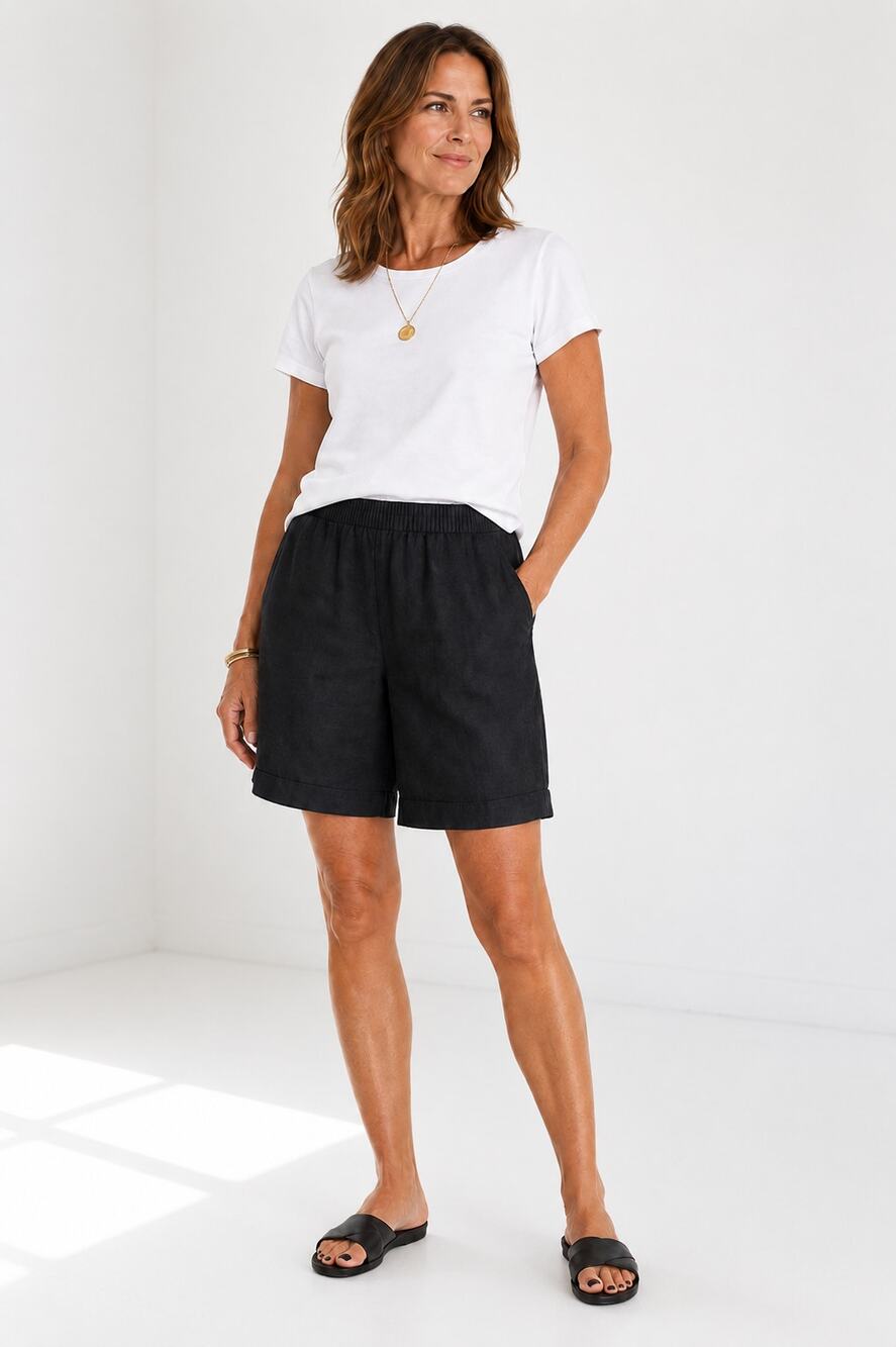 Eileen Fisher Organic Linen Black Shorts System Minimalist Chic Quiet Luxury Lrg